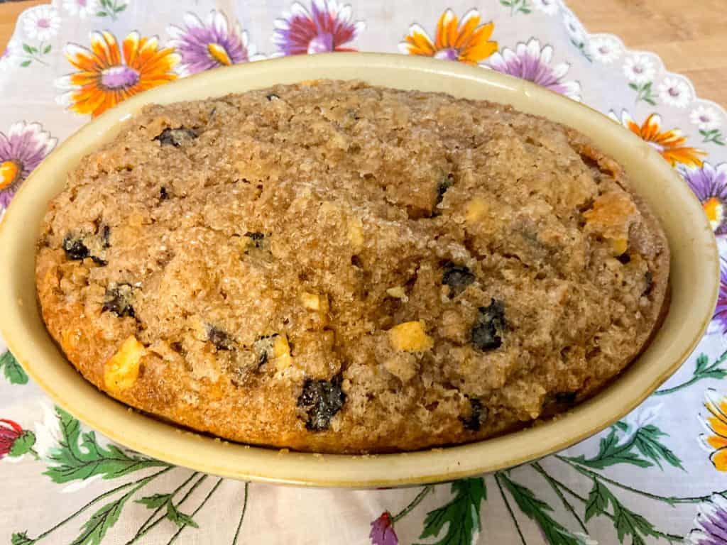 Bread pudding baked and in oven dish.