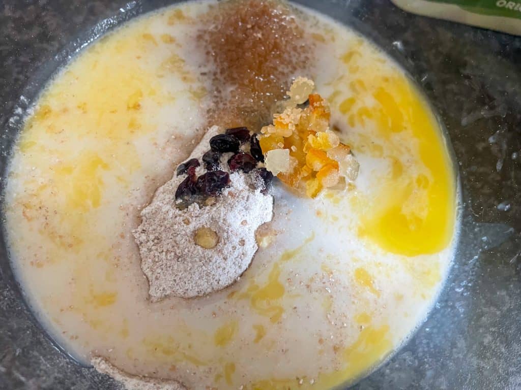 Ingredients for wheatmeal pudding in bowl.