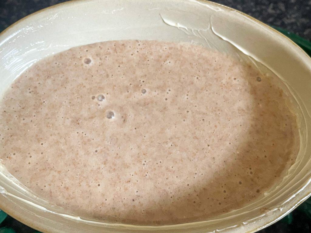 Wheatmeal pudding batter in oven dish.