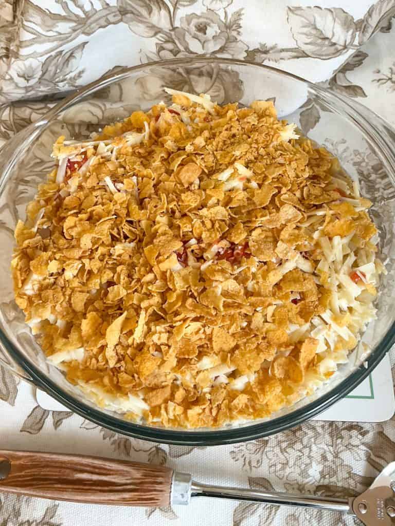 Unbaked macaroni casserole ready for the oven.